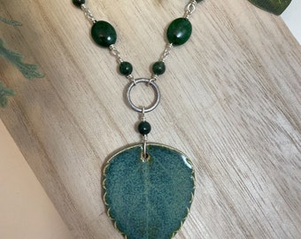 Green Leaf Pendant with Stone Accents, Real Leaf Necklace, Green Botanical Jewelry, Pressed Leaf Necklace, Woodland Accessory