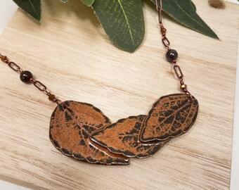 Triple Copper Leaf on Chain, Pressed Leaf Necklace, Statement Leaf, Unique Gift for Mom, Ceramic Jewelry, Real Leaf Accessory