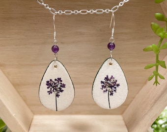 Purple Queen Anne’s Lace Dangle Earrings, Purple Floral Earrings, Pressed Flower Jewelry, Flower Dangle Earrings, Ceramic Botanical Jewelry