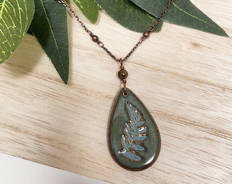 Green and Brown Fern Necklace, Fern Leaf Pendant, Real Leaf Jewelry, Pressed Fern, Fern on Chain, Ceramic Pendant