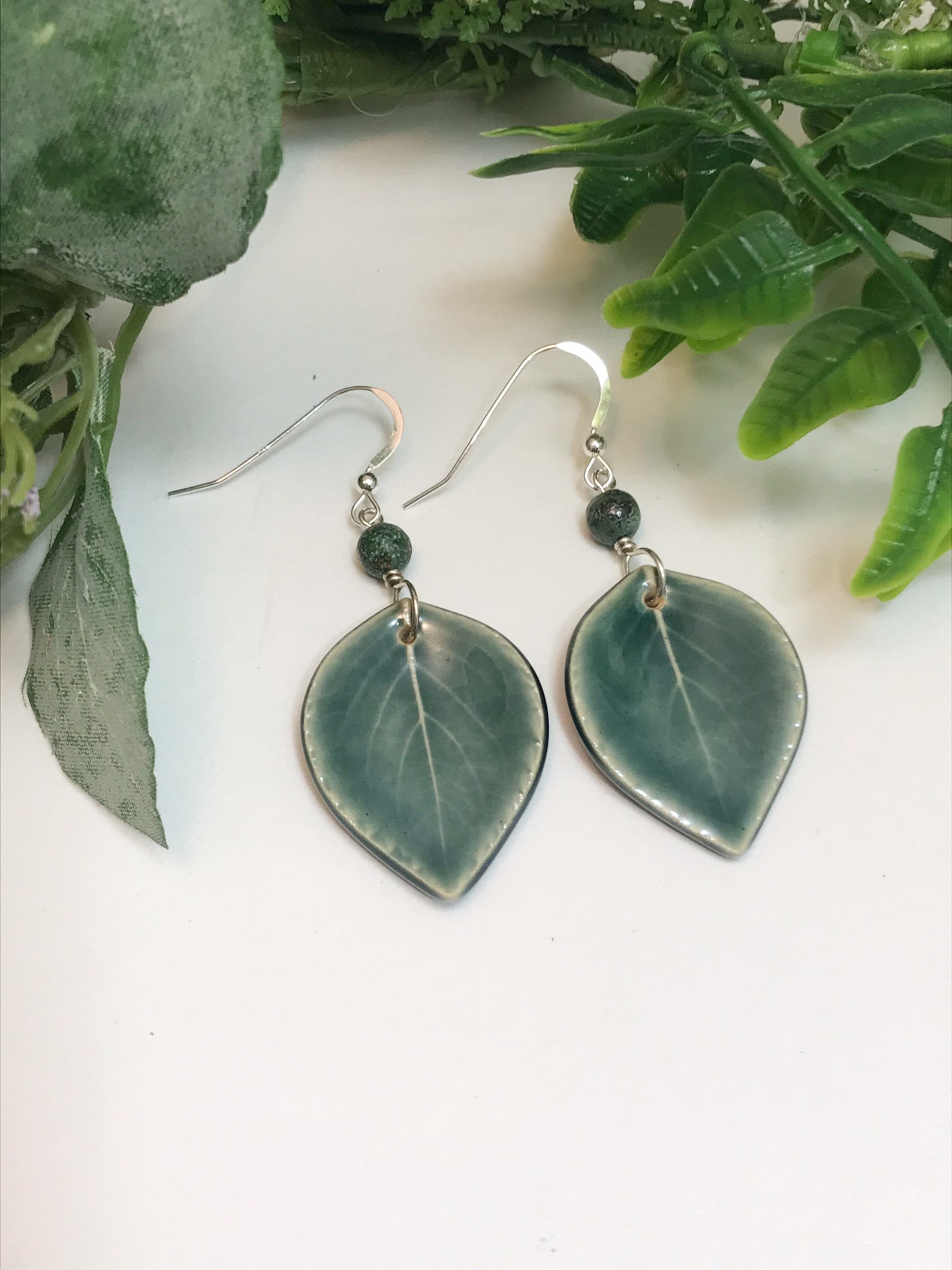 Green Leaf Dangle Earrings Nature Jewelry Ceramic Earrings Etsy