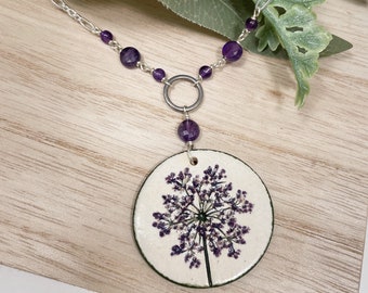 Purple Queen Anne's Lace Pendant on Chain Necklace, Floral Necklace, Pressed Flower Jewelry, Wild Flower Necklace