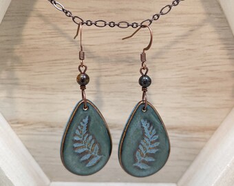 Brown and Green Fern Earrings, Pressed Fern Leaves, Real Leaf Jewelry, Fern Dangle, Copper Fern Earrings, Ceramic Dangle