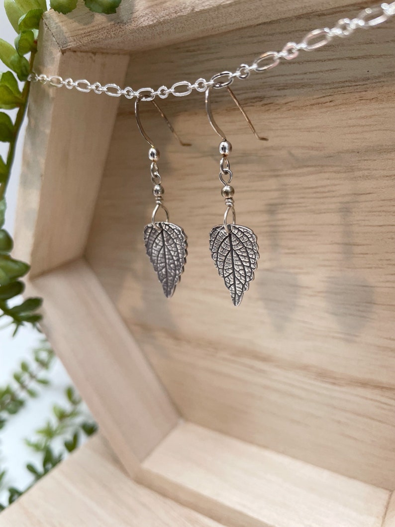 Pure Silver Pressed Leaf Earrings, Leaf Print Earrings, Real Leaf Jewelry, Leaf Dangle, Silver Botanical image 5