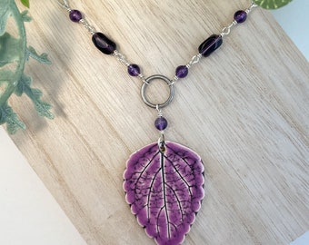 Purple Leaf Pendant with Stone Accents, Real Leaf Necklace, Purple Botanical Jewelry, Pressed Leaf Necklace, Purple Leaf Print