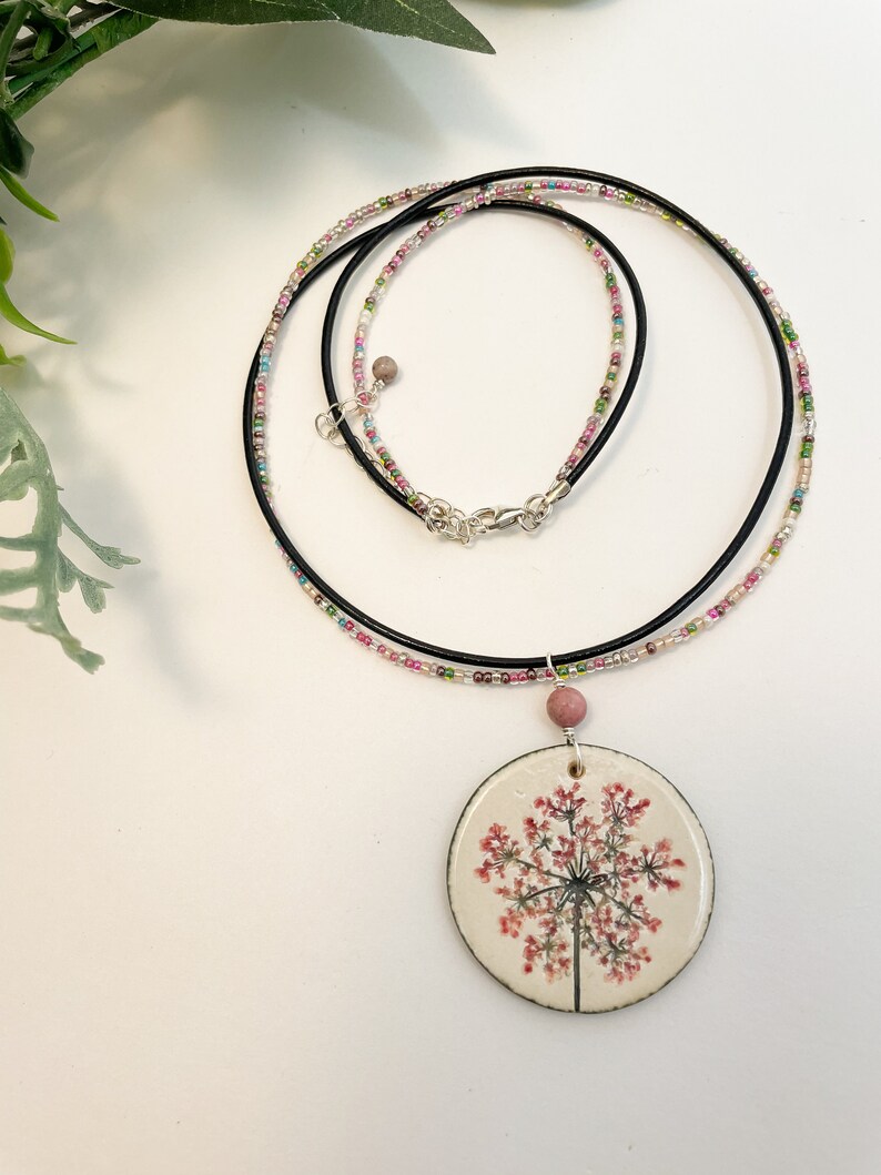 Pink Queen Anne's Lace Pendant on Beaded Necklace, Floral Necklace, Pressed Flower Jewelry, Wild Flower Necklace image 6
