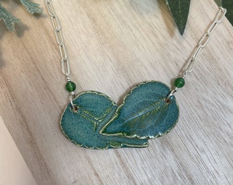 Double Green Leaf on Chain, Pressed Leaf Necklace, Statement Leaf Pendant, Unique Gift for Mom, Ceramic Jewelry, Real Leaf Accessory