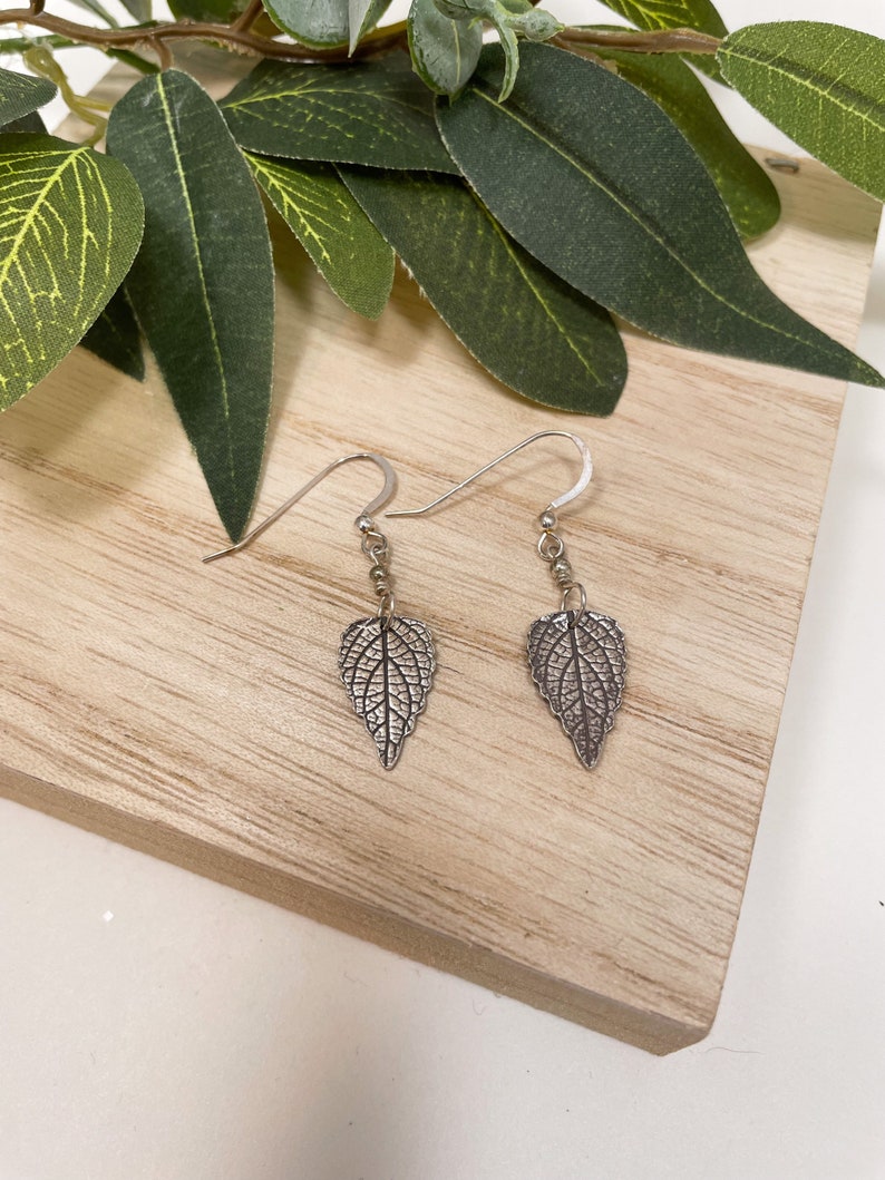 Pure Silver Pressed Leaf Earrings, Leaf Print Earrings, Real Leaf Jewelry, Leaf Dangle, Silver Botanical image 2