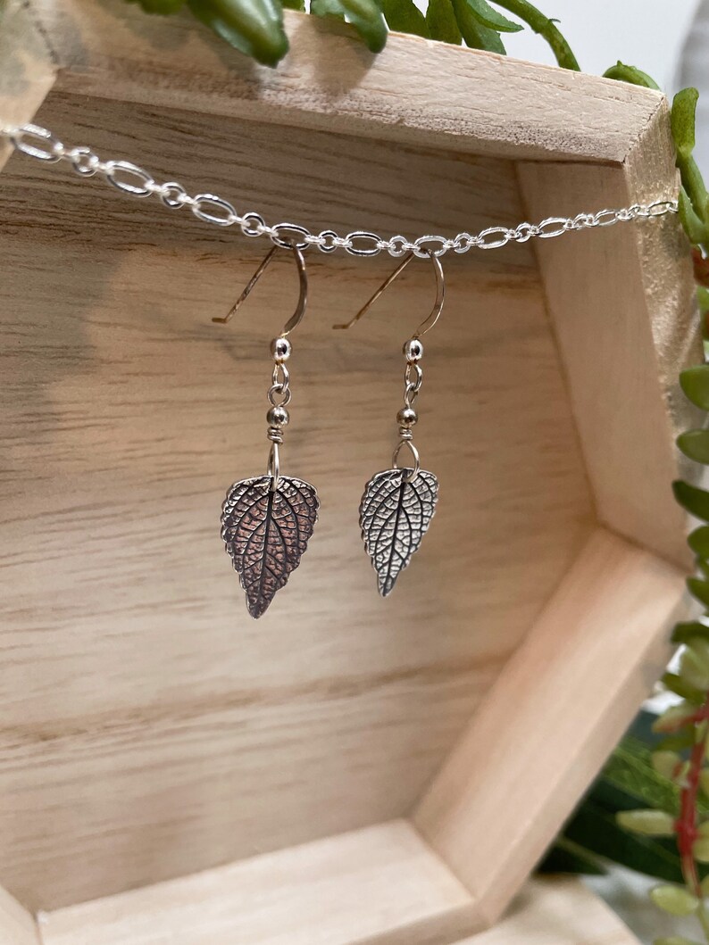 Pure Silver Pressed Leaf Earrings, Leaf Print Earrings, Real Leaf Jewelry, Leaf Dangle, Silver Botanical image 9