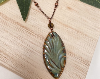 Green and Brown Geometric Pendant on Chain, Ceramic Marquise Jewelry, Copper Swirl Necklace, Everyday Geometric Necklace