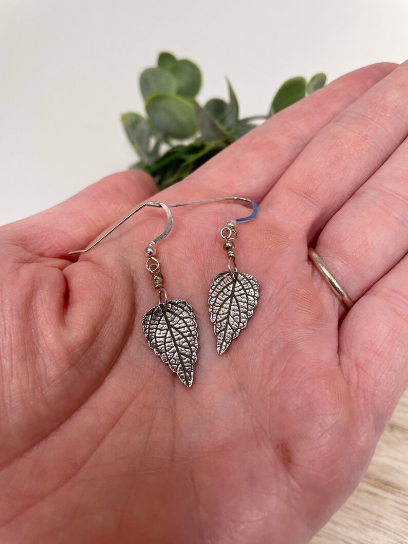 Pure Silver Pressed Leaf Earrings, Leaf Print Earrings, Real Leaf Jewelry, Leaf Dangle, Silver Botanical image 3