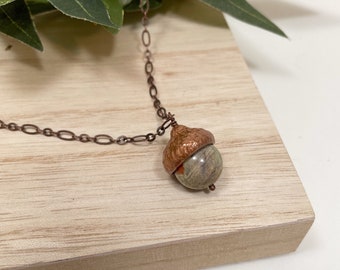 Large Pure Copper Acorn Necklace with Stone Accent, Acorn on Long Chain, Everyday Botanical Charm, Nature Necklace