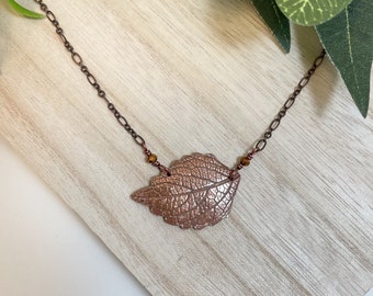 Small Copper Leaf on Chain Necklace, Real Leaf Pendant, Botanical Jewelry, Woodland Heirloom, Nature Gift