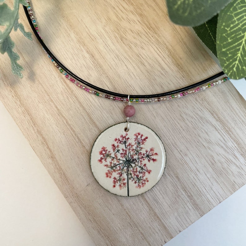 Pink Queen Anne's Lace Pendant on Beaded Necklace, Floral Necklace, Pressed Flower Jewelry, Wild Flower Necklace image 1