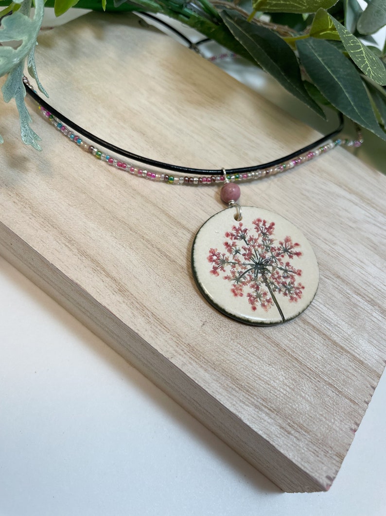 Pink Queen Anne's Lace Pendant on Beaded Necklace, Floral Necklace, Pressed Flower Jewelry, Wild Flower Necklace image 5