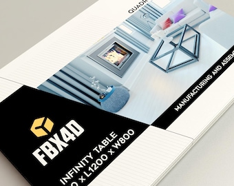 May include: A white and black manual titled "FBX4D Infinity Table" with dimensions H450 x L1200 x W800. The cover features a product image and the text "Manufacturing and Assembly Manual".