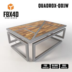 Puede incluir: Una mesa de centro rectangular moderna con una tapa de madera geométrica y un marco de metal plateado. La tapa presenta un mosaico de tablones de madera en varios tonos de marrón. La mesa está etiquetada como "QUADROX-Q01W" y "FBX4D DESIGNER".