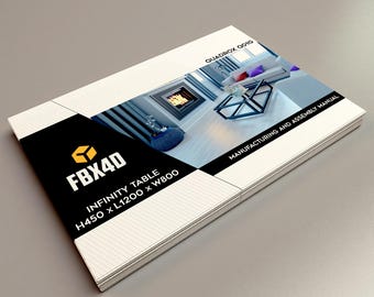 May include: A stack of white manuals with a black and yellow logo that reads "FBX4D". The text "INFINITY TABLE H450 x L1200 x W800" is also visible. The top of the manual features a photo of a modern living room.