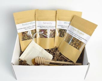 Organic Herbal Tea Sampler Gift Box, Loose Leaf Wellness Set, Honey Dipper, Spoon (15-10 servings each bag)