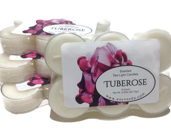 TUBEROSE, Tea Light Candles, T Lites, Candles, 6 Pack, Scented, Colored, Soy-N-Suds