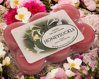 HONEYSUCKLE, Tea Light Candles, T Lites, Candles, 6 Pack, Scented, Colored, Soy-N-Suds