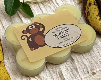 MONKEY FARTS, Tea Light Candles, T Lites, Candles, 6 Pack, Scented, Colored, Soy-N-Suds