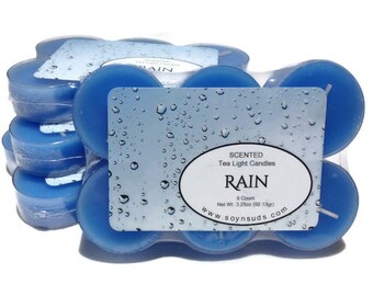 RAIN, Tea Light Candles, T Lites, Candles, 6 Pack, Scented, Colored, Soy-N-Suds