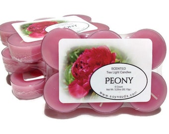 PEONY, Tea Light Candles, T Lites, Candles, 6 Pack, Scented, Colored, Soy-N-Suds