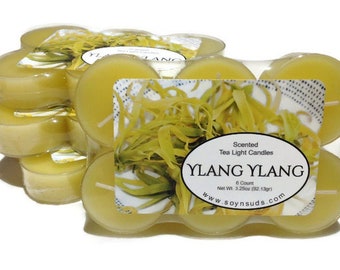 YLANG YLANG, Tea Light Candles, T Lites, Candles, 6 Pack, Scented, Colored, Soy-N-Suds