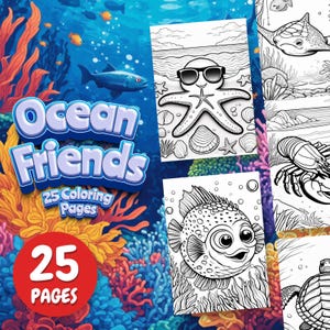 Ocean Friends Coloring Pages | 25-Page Sea Creatures Printable PDF | Sea Animals Coloring Book for Kids & Adults | Ocean-Themed Activity