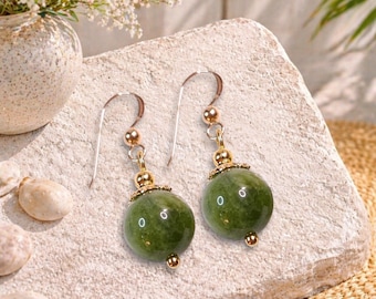 Green Jade Gemstone Dangle Earrings, 14k Gold Filled Hook, Handmade Jewelry