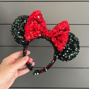 Holly Jolly Holiday Sparkle Minnie Ears | Christmas Minnie Ears | Dark Green Velvet Minnie Ears | Sequin Minnie Ears