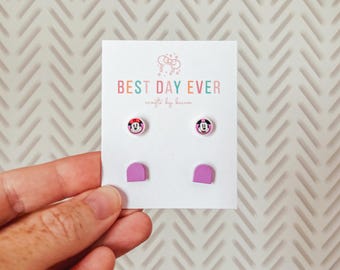 Mickey and Minnie Faces Brick Stud Earrings | Purple Brick Stud Earrings