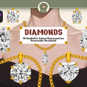 May include: A set of 10 Procreate brushes for creating realistic diamond gems and accessories. The image shows a variety of diamond shapes, including round, square, pear, and heart. The text "DIAMONDS 10 Realistic Gems/Accessories Procreate Brushset" is displayed on a gold chain.