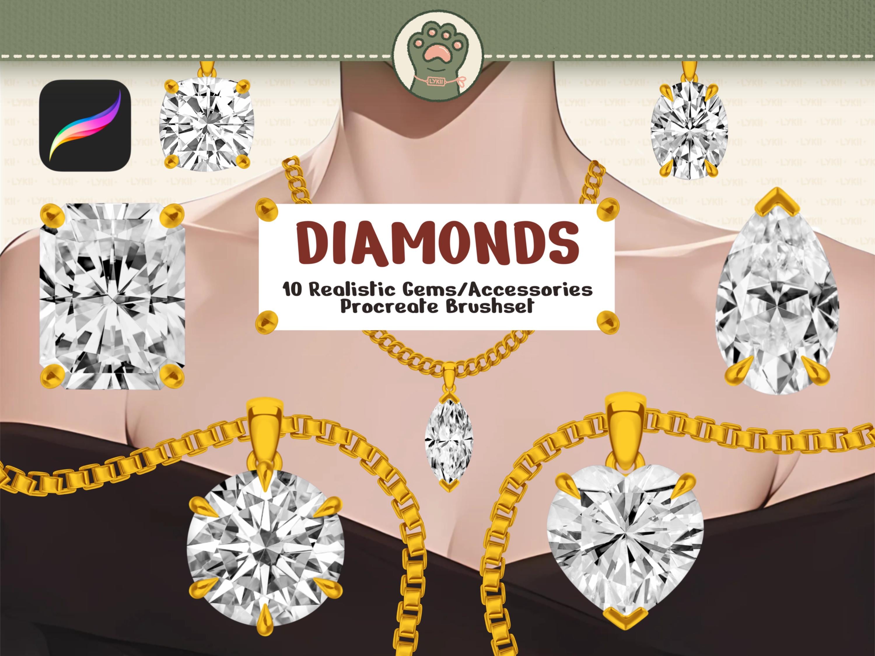 GEMSTONES Diamond Jewelry Procreate Brushset | Sellos 3D bicolor y engastes para diseños realistas