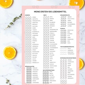 Peut inclure: Un tableau imprimable rose et blanc avec le titre "Meine Ersten 100 Lebensmittel" (Mes 100 premiers aliments). Le tableau est divisé en catégories : Gemüse (Légumes), Obst (Fruits), Hülsenfrüchte (Légumineuses), Fleisch (Viande), Fisch & Meeresfrüchte (Poisson & Fruits de mer), Getreide & Pseudogetreide (Céréales & Pseudo-céréales), Nüsse & Saaten (Noix & Graines), Milchprodukte & Ei (Produits laitiers & Œufs). Chaque catégorie contient une liste d'aliments avec des cases à cocher à côté.
