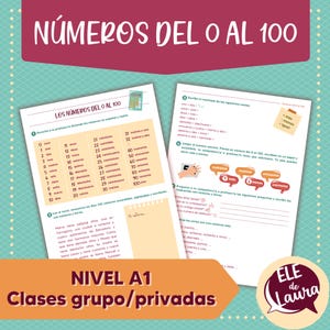 Puede incluir: Una hoja de trabajo colorida con el título "Números del 0 al 100" en español. La hoja de trabajo incluye una tabla con los números del 0 al 100 escritos en español y una sección con problemas de matemáticas.