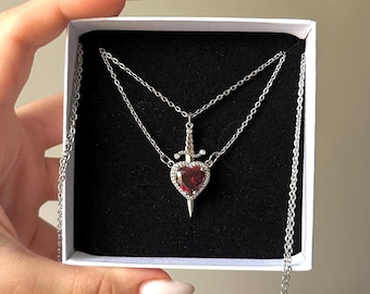 Heart and Sword Couple Necklace Set, 2 Piece Matching Silver-Plated Necklaces, Romantic Gift for Him and Her, Couples Jewelry