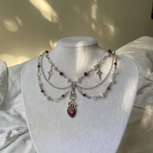 Red heart necklace, dark gothic jewelry, pearl necklace, beaded necklace, grunge necklace, heart earrings, necklace earrings sets