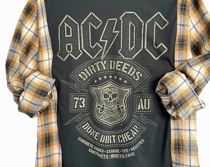 T-shirt AC DC Upcycled Flannel -black With Yellow Gold Plaid - Festival ...