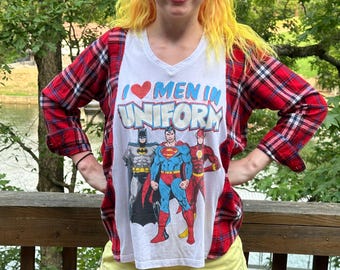 Upcycled Superhero T-shirt with Red Flannel Long Sleeves – One of A Kind Festival Top