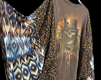 Brown Leopard Upcycled Poncho Skeleton with Leopard Tie Dye Sleeve - Festival - Free Size- One of A Kind- Handmade by PurpleDreamThreads