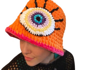 Orange Evil Eye Crochet Bucket Hat - Festival -  Rave Accessory -  Crochet  Bucket Hat for Teens and Adults - Handmade by PurpleDreamThreads