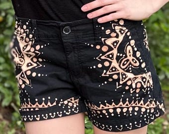 Hand Bleached Black Midi Shorts: Tribal Design, Size 4