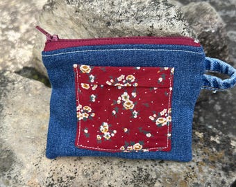 Denim Pocket Coinpurse Key Chain Accessory -5” Zipper Bag with Pocket - Up-Cycled Denim - Handmade by PurpleDreamThreads