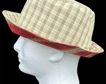 Bucket Hat Reversible Plaid Green Beige Rust Stripe- Adults and Teens Unisex -  Handmade by PurpleDreamThreads