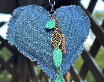 Denim Heart Clip Key Chain Accessory - Patchwork Nature Leaves Up-Cycled Denim - Handmade by PurpleDreamThreads