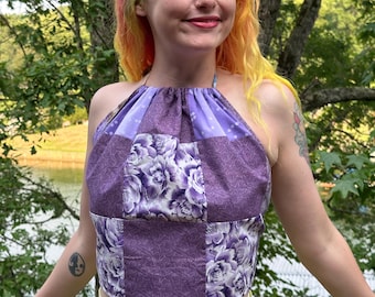 Halter Reversible Top - Purple side & Marble Yellow - Patchwork - Fits Size M to XL - Summer  Festival  - Handmade by PurpleDreamThreads
