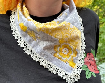 Yellow Floral Bird Headscarf, Mask - repurposed Lace Trim-  Up-cycled Cotton Bandana- Handmade by PurpleDreamThreads