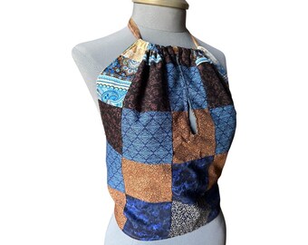 Halter Reversible Top - Slit Front- 2 Sided- Blue Patchwork and Green & Rust Stripes - Fits Size S - L   Festival - by PurpleDreamThreads